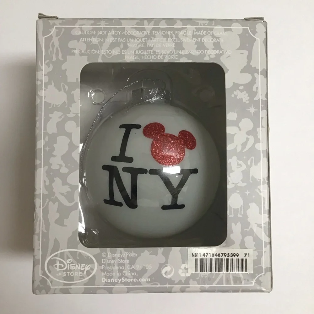 Disney I LOVE NEW YORK Glass Christmas Ornament Red Mickey Ears Authentic NEW